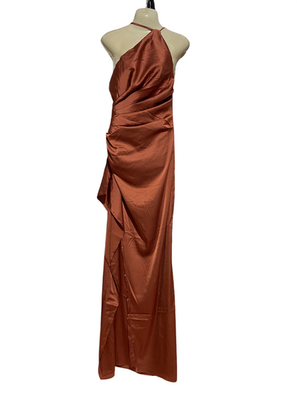 BABYBOO |S| BUST 14| B33| ELEGANT RUST SATIN HALTER NECK MAXI DRESS