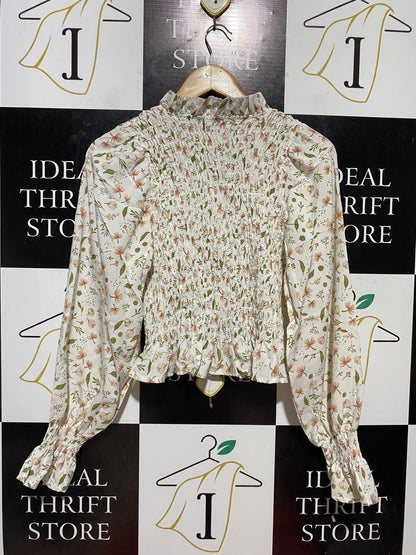 VALLY GIRL |S| BUST 15| B32| VIVIGIRL VINTAGE FLORAL SMOCKED BUTTON-DOWN BLOUSE