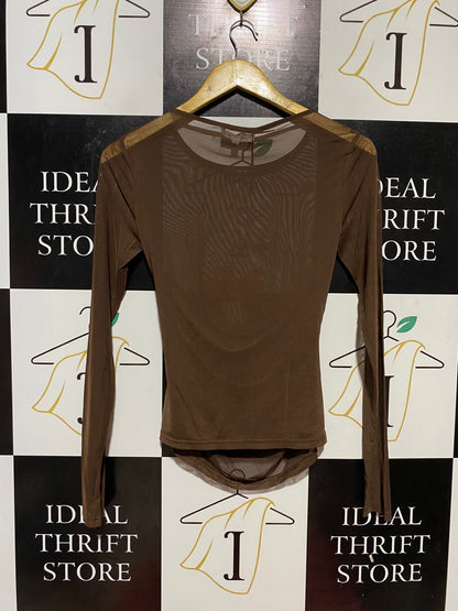 DAZIE |M| BUST 15| B32| CHOCOLATE BROWN SHEER MESH RUCHED LONG SLEEVE TOP