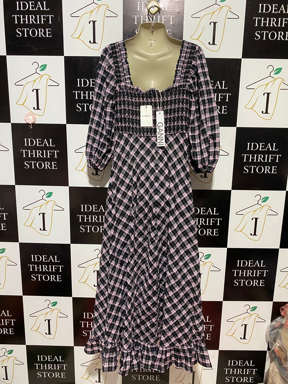 GANNI |M| BUST 15| B32| CHIC PINK AND BLACK PLAID SMOCKED LONG MAXI DRESS
