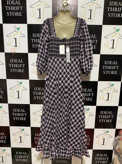 GANNI |M| BUST 15| B32| CHIC PINK AND BLACK PLAID SMOCKED LONG MAXI DRESS