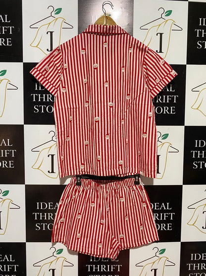 BRILLIANT BASICS |M| B32| FESTIVE RED AND WHITE STRIPED SANTA PRINT NIGHTWEAR SHORT SET