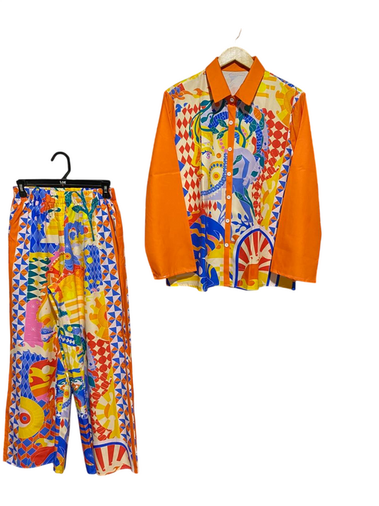 |M| B33| VIBRANT MULTICOLOR ABSTRACT GEOMETRIC PRINT LONG SLEEVE SHIRT AND TROUSER TWO-PIECE CO-ORD SET