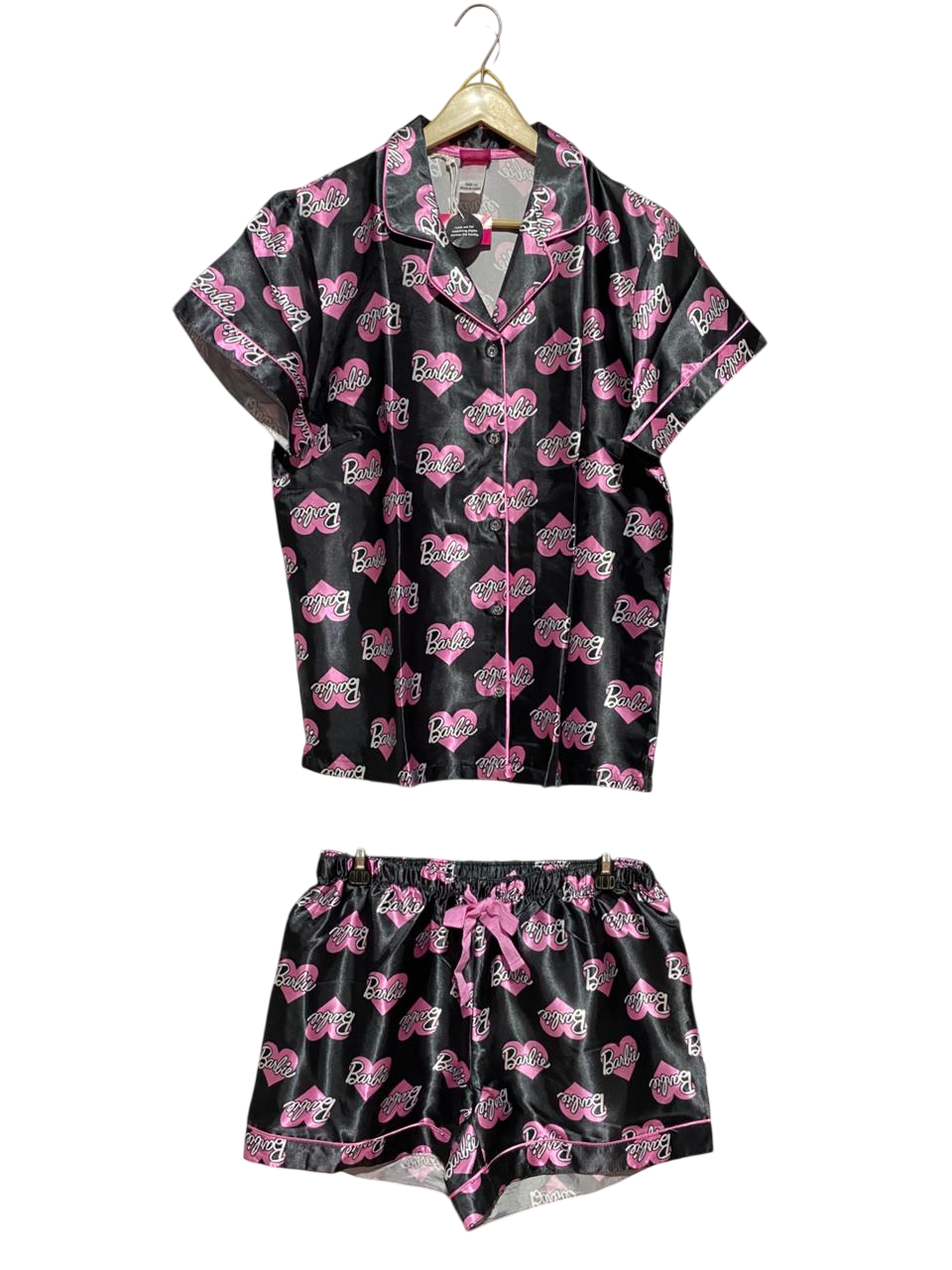 BARBIE |M| B33| CUTE BLACK AND PINK BARBIE HEART PRINT SATIN SHORT SLEEVE PAJAMA AND SHORTS SET