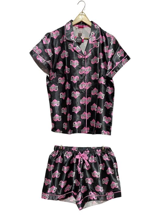 BARBIE |M| B33| CUTE BLACK AND PINK BARBIE HEART PRINT SATIN SHORT SLEEVE PAJAMA AND SHORTS SET