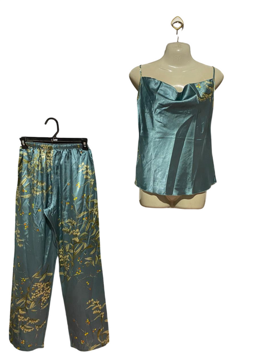 |S| B33| LUXURIOUS SEA GREEN SILK SATIN CAMI TOP AND FLORAL TROUSER TWO-PIECE LOUNGEWEAR SET