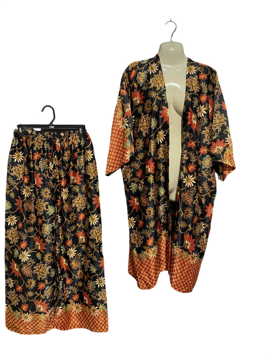 |M| B33| ELEGANT LUXURY BLACK LUXE BATIK PRINT CARDIGAN KIMONO AND TROUSER TWO-PIECE SET