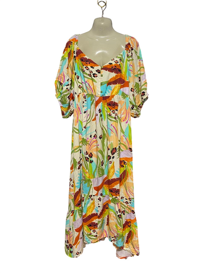 PQ COLLECTION |L| BUST 20| B33| VIBRANT MULTICOLOR TROPICAL FLORAL MAXI DRESS WITH PUFF SLEEVES