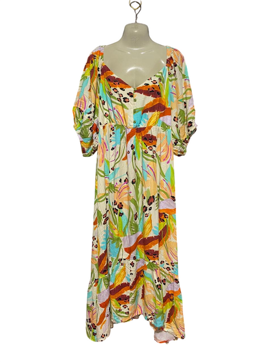 PQ COLLECTION |L| BUST 20| B33| VIBRANT MULTICOLOR TROPICAL FLORAL MAXI DRESS WITH PUFF SLEEVES