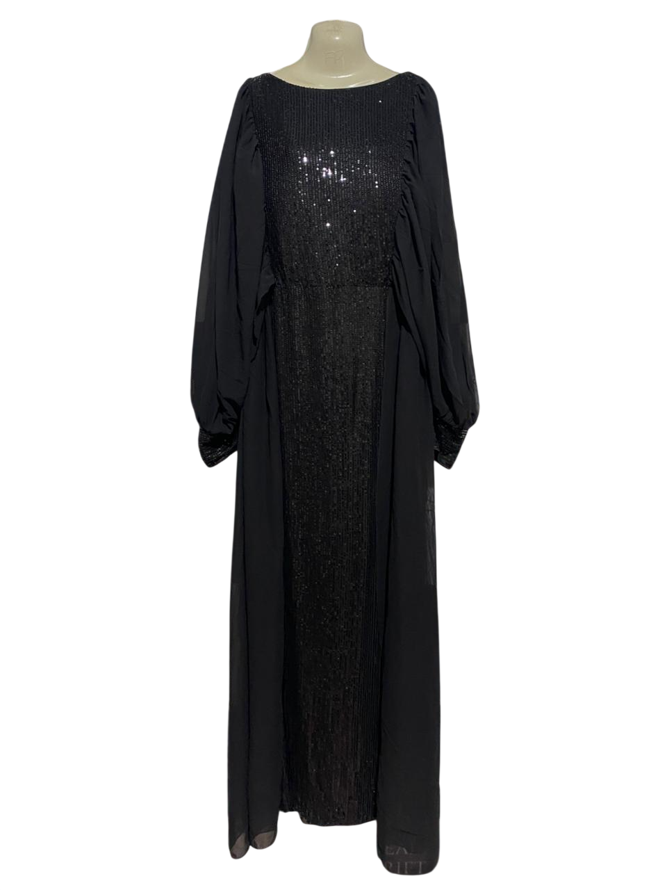 GIFFNISETI |XL| BUST 22| B33| GLAMOROUS BLACK SEQUIN FRONT MAXI DRESS WITH BALLOON CHIFFON SLEEVES