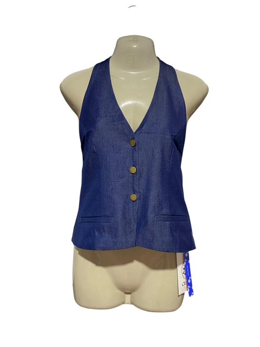 CIDER |XS| BUST 17| B33| CHIC BLUE DENIM HALTER NECK VEST TOP WITH GOLDEN BUTTONS