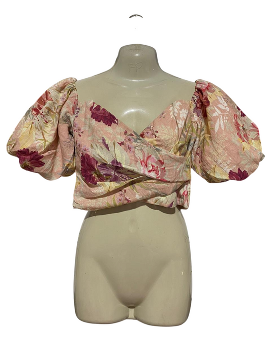 SHEIKE |S| BUST 16| B33| CHIC PINK FLORAL PUFF SLEEVE CROP TOP WITH CROSSED SWEETHEART NECKLINE