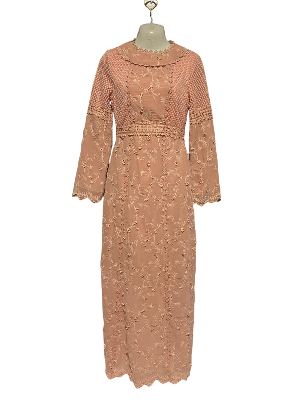 HIJAB HOUSE |S| BUST 16| B33| ELEGANT PEACH EMBROIDERED LONG SLEEVE MAXI DRESS WITH LACE DETAILS