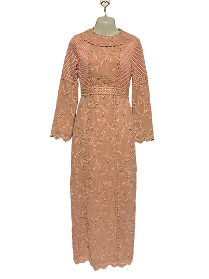 HIJAB HOUSE |S| BUST 16| B33| ELEGANT PEACH EMBROIDERED LONG SLEEVE MAXI DRESS WITH LACE DETAILS