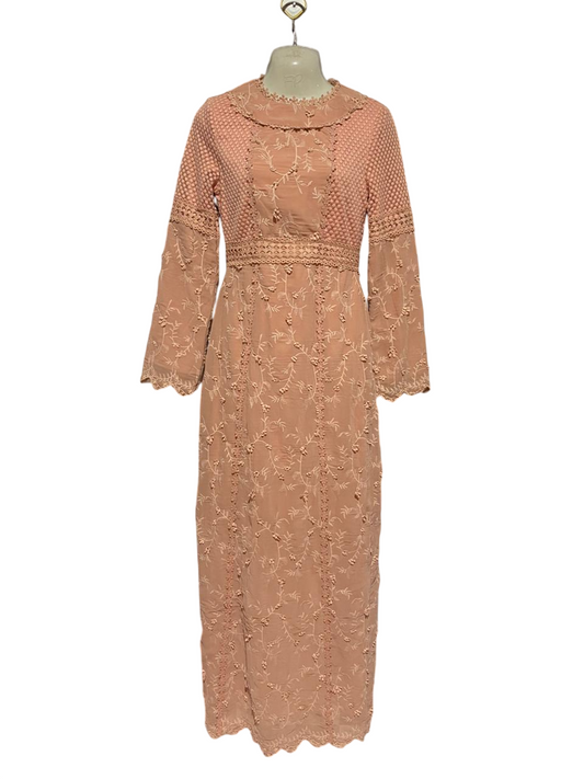 HIJAB HOUSE |S| BUST 16| B33| ELEGANT PEACH EMBROIDERED LONG SLEEVE MAXI DRESS WITH LACE DETAILS
