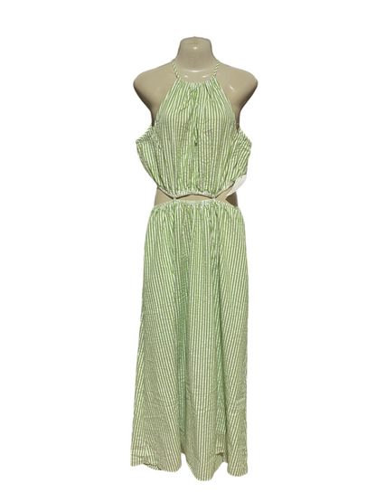 CALLI |M| BUST 18| B33| GREEN AND WHITE STRIPED HALTER NECK MAXI DRESS WITH WAIST CUT-OUTS