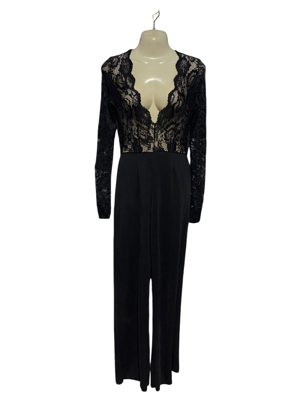 PRETTYLITTLE THING |S| BUST 15| B47| BLACK LACE TOP DEEP V-NECK LONG SLEEVE WIDE-LEG JUMPSUIT