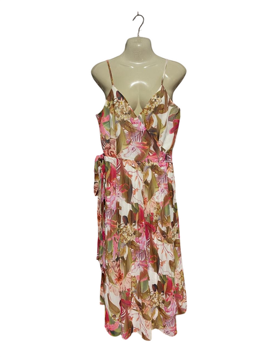 PORTMANS |M| BUST 18| B33| VIBRANT TROPICAL FLORAL PRINT SURPLICE V-NECK MIDI DRESS WITH SIDE TIE