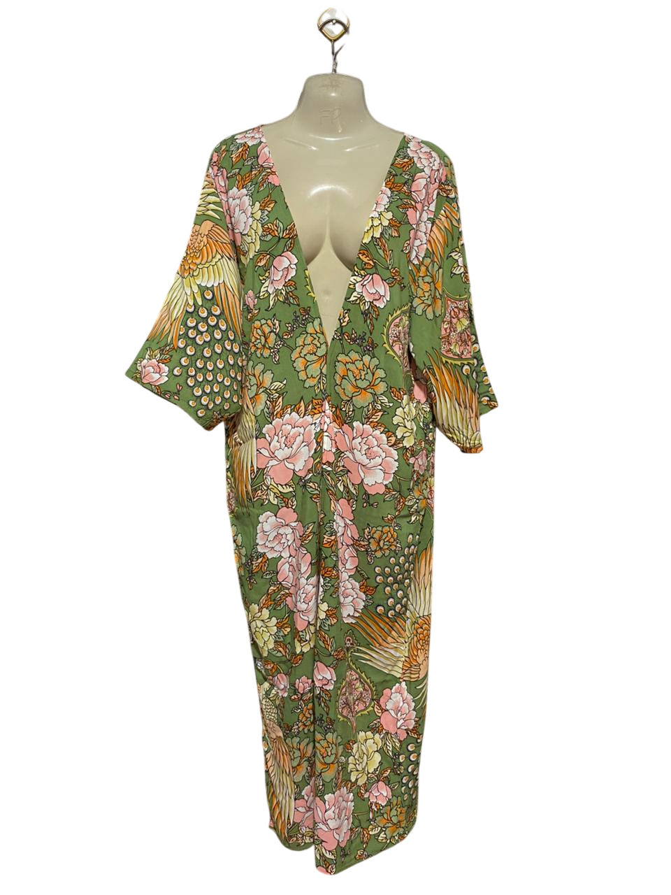 MILLIE N ME |M/L| BUST FREE| B33| SAGE GREEN ORIENTAL PEACOCK AND FLORAL PRINT FRONT-OPEN KIMONO MAXI CARDIGAN