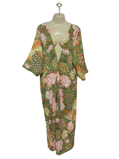 MILLIE N ME |M/L| BUST FREE| B33| SAGE GREEN ORIENTAL PEACOCK AND FLORAL PRINT FRONT-OPEN KIMONO MAXI CARDIGAN
