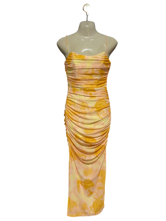 SAINTS & SECRETS |S| BUST 15| B33| YELLOW FLORAL PRINT RUFFLED MESH RUCHED BODYCON MAXI DRESS