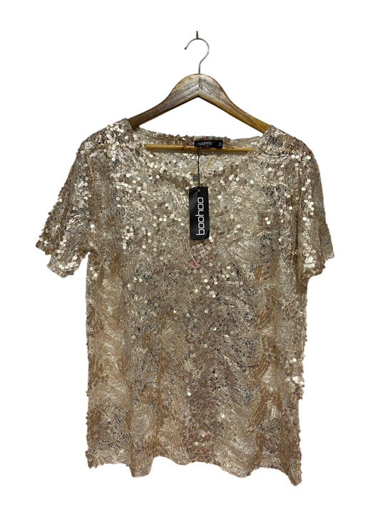 BOOHOO |L| BUST 21| B33| WOMEN'S METALLIC GOLD SEQUIN SHEER LACE SHORT SLEEVE PARTY BLOUSE