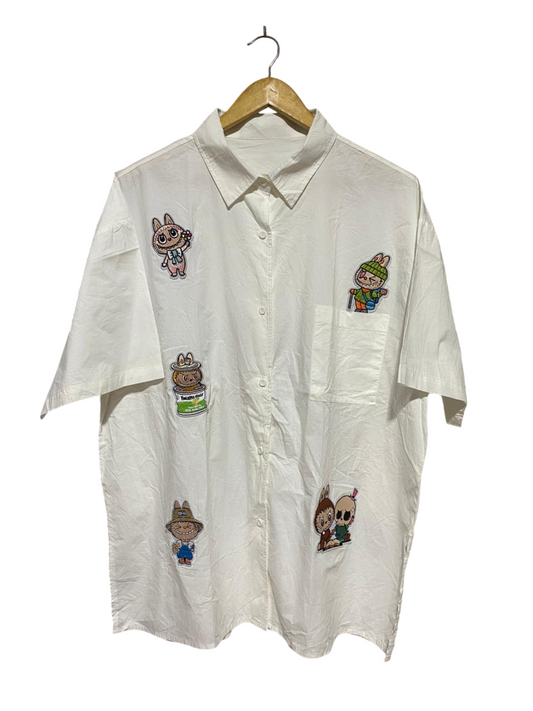 |XL| BUST 24| B33| FUNNY CARTOON CHARACTER PATCHWORK WHITE OVERSIZED SHORT SLEEVE BUTTON-DOWN SHIRT