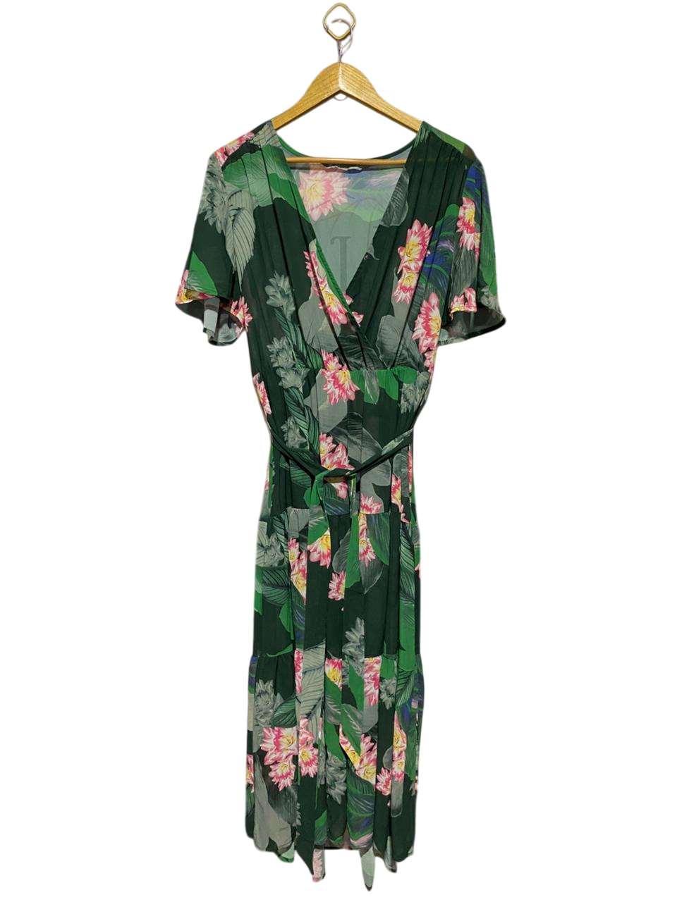 KATIES |XL| BUST FREE| B33| GREEN TROPICAL FLORAL PRINT TIERED MAXI DRESS WITH SELF-TIE WAIST