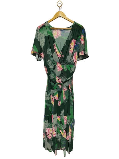 KATIES |XL| BUST FREE| B33| GREEN TROPICAL FLORAL PRINT TIERED MAXI DRESS WITH SELF-TIE WAIST