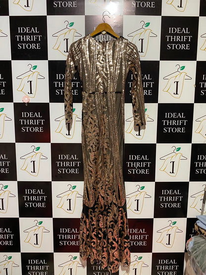 STUNNER |XS| BUST 30| B33| LUXURY GOLD SEQUIN EMBELLISHED LONG SLEEVE MAXI EVENING GOWN