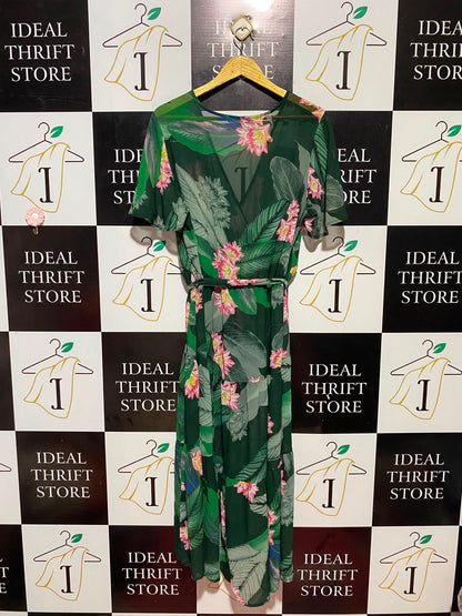 KATIES |XL| BUST FREE| B33| GREEN TROPICAL FLORAL PRINT TIERED MAXI DRESS WITH SELF-TIE WAIST