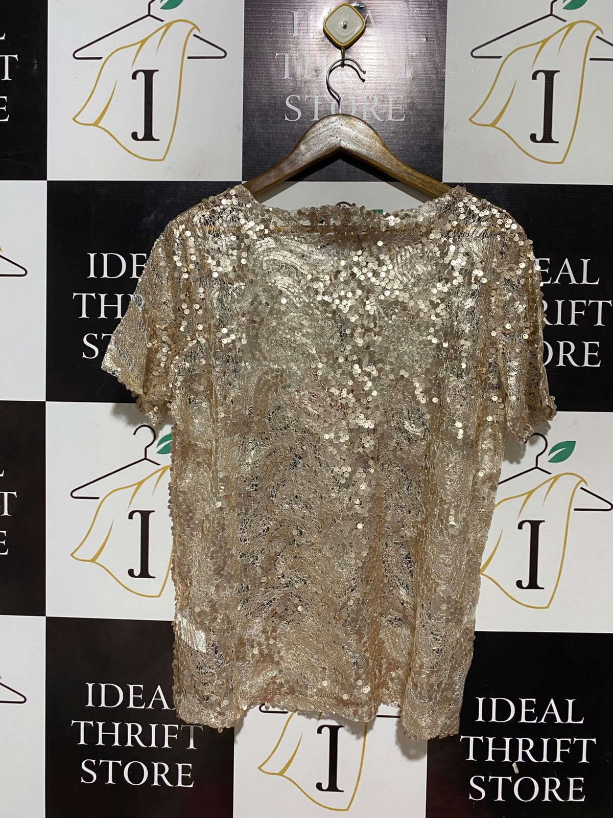 BOOHOO |L| BUST 21| B33| WOMEN'S METALLIC GOLD SEQUIN SHEER LACE SHORT SLEEVE PARTY BLOUSE