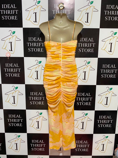 SAINTS & SECRETS |S| BUST 15| B33| YELLOW FLORAL PRINT RUFFLED MESH RUCHED BODYCON MAXI DRESS