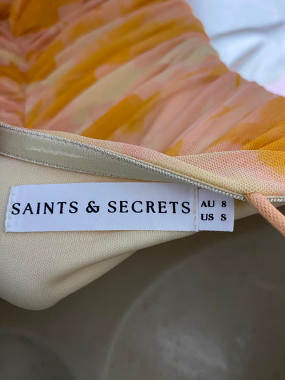 SAINTS & SECRETS |S| BUST 15| B33| YELLOW FLORAL PRINT RUFFLED MESH RUCHED BODYCON MAXI DRESS
