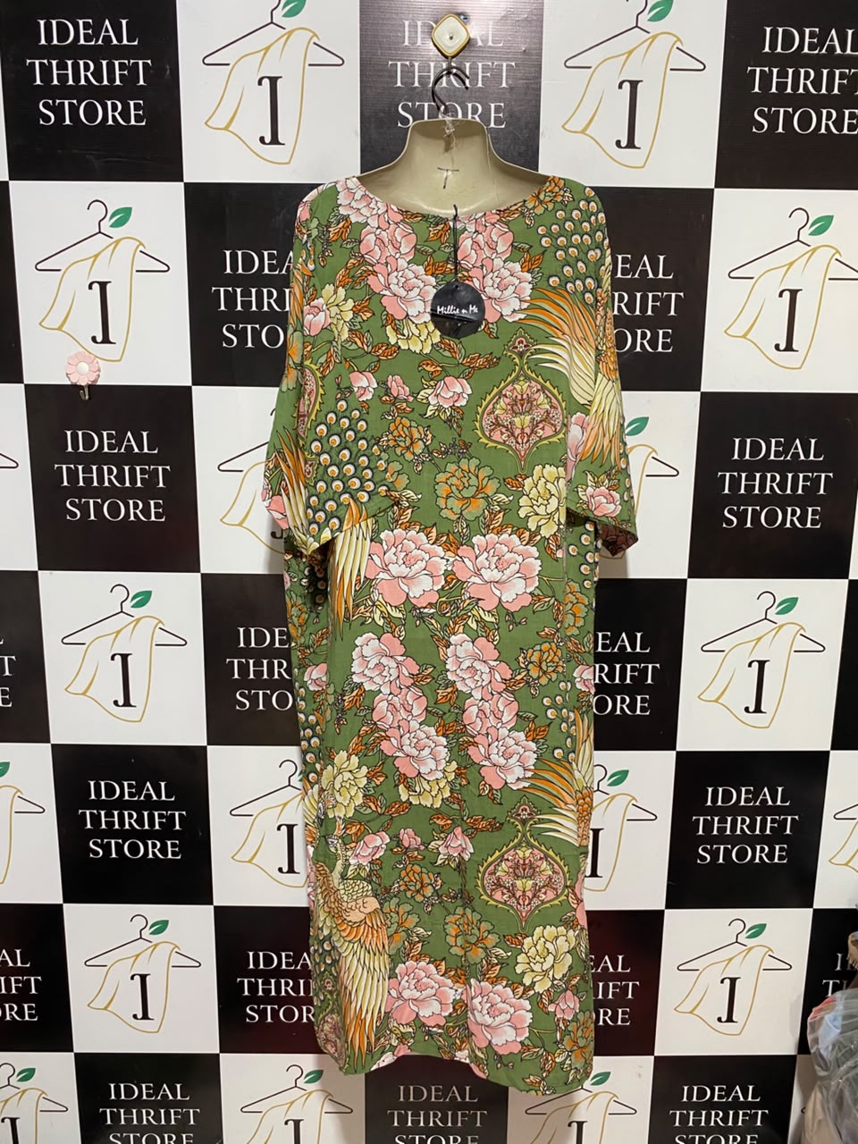 MILLIE N ME |M/L| BUST FREE| B33| SAGE GREEN ORIENTAL PEACOCK AND FLORAL PRINT FRONT-OPEN KIMONO MAXI CARDIGAN