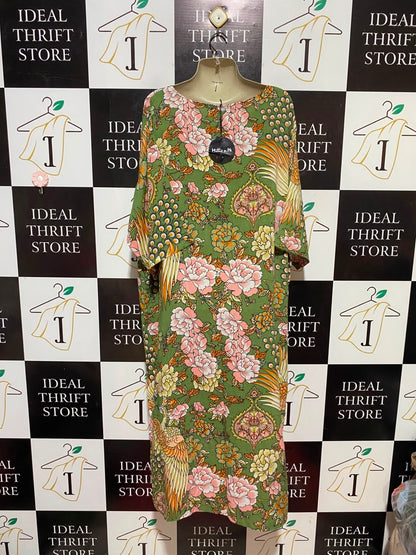 MILLIE N ME |M/L| BUST FREE| B33| SAGE GREEN ORIENTAL PEACOCK AND FLORAL PRINT FRONT-OPEN KIMONO MAXI CARDIGAN