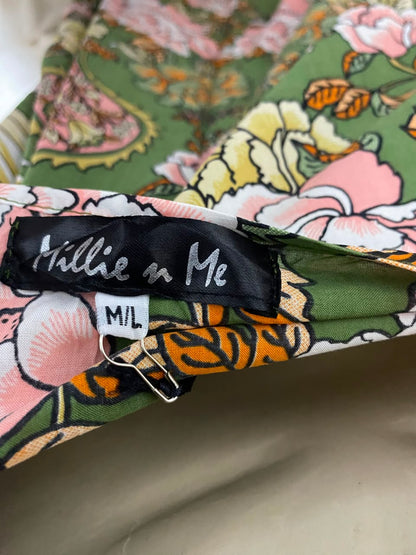 MILLIE N ME |M/L| BUST FREE| B33| SAGE GREEN ORIENTAL PEACOCK AND FLORAL PRINT FRONT-OPEN KIMONO MAXI CARDIGAN