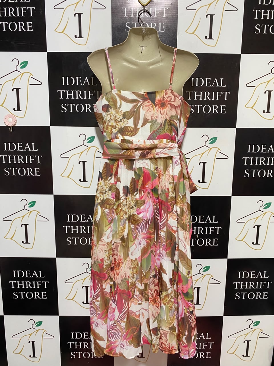 PORTMANS |M| BUST 18| B33| VIBRANT TROPICAL FLORAL PRINT SURPLICE V-NECK MIDI DRESS WITH SIDE TIE