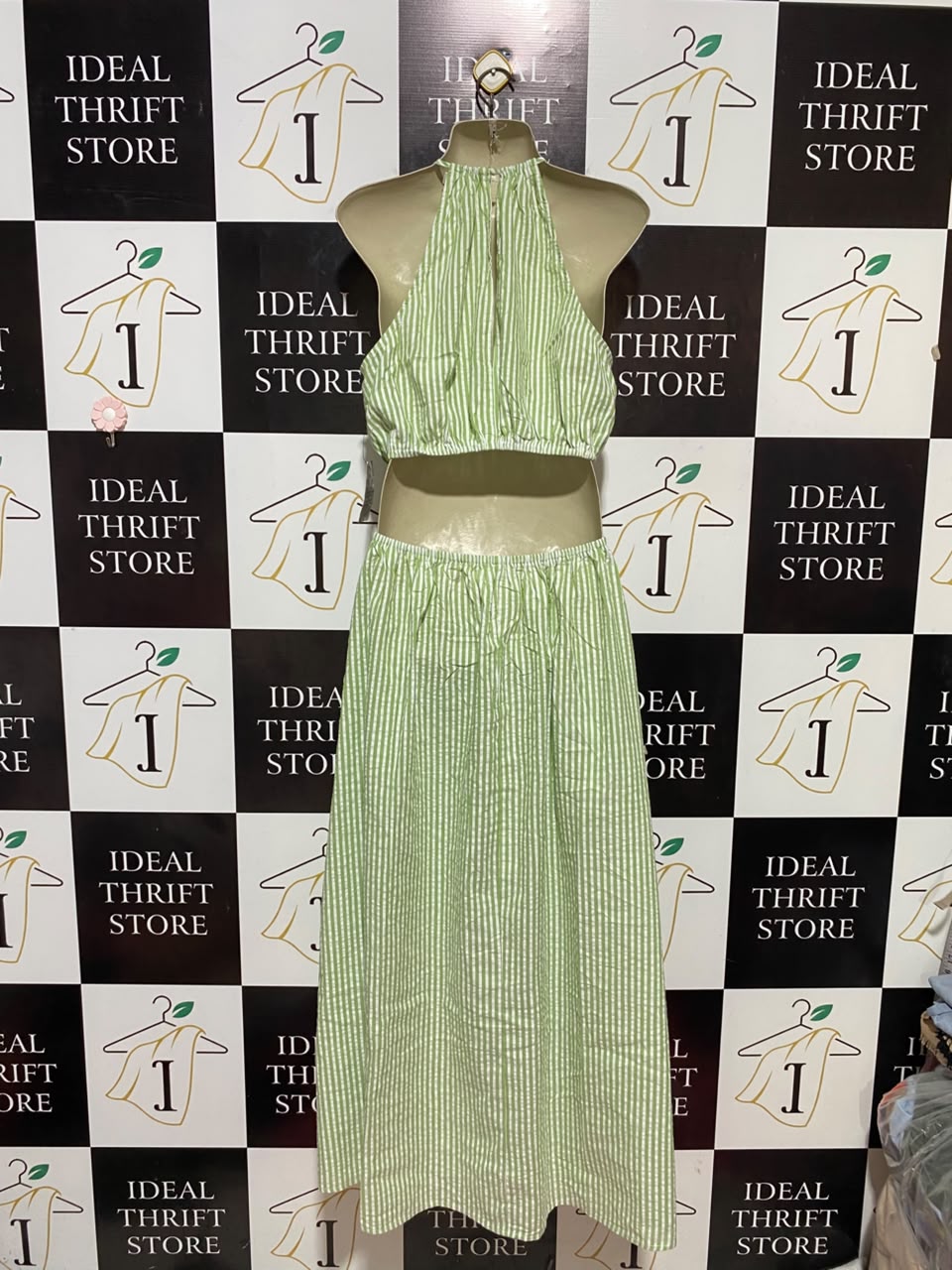 CALLI |M| BUST 18| B33| GREEN AND WHITE STRIPED HALTER NECK MAXI DRESS WITH WAIST CUT-OUTS