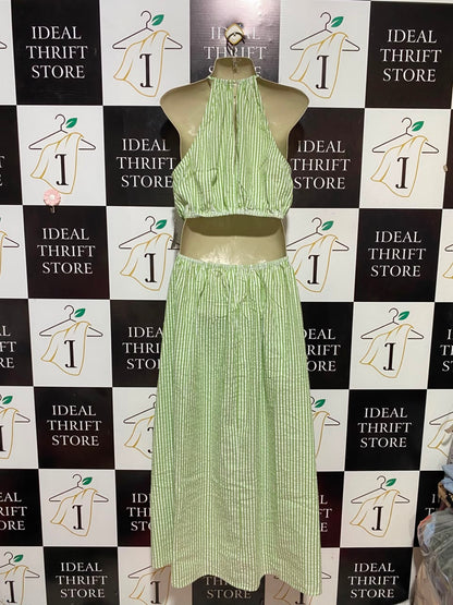 CALLI |M| BUST 18| B33| GREEN AND WHITE STRIPED HALTER NECK MAXI DRESS WITH WAIST CUT-OUTS