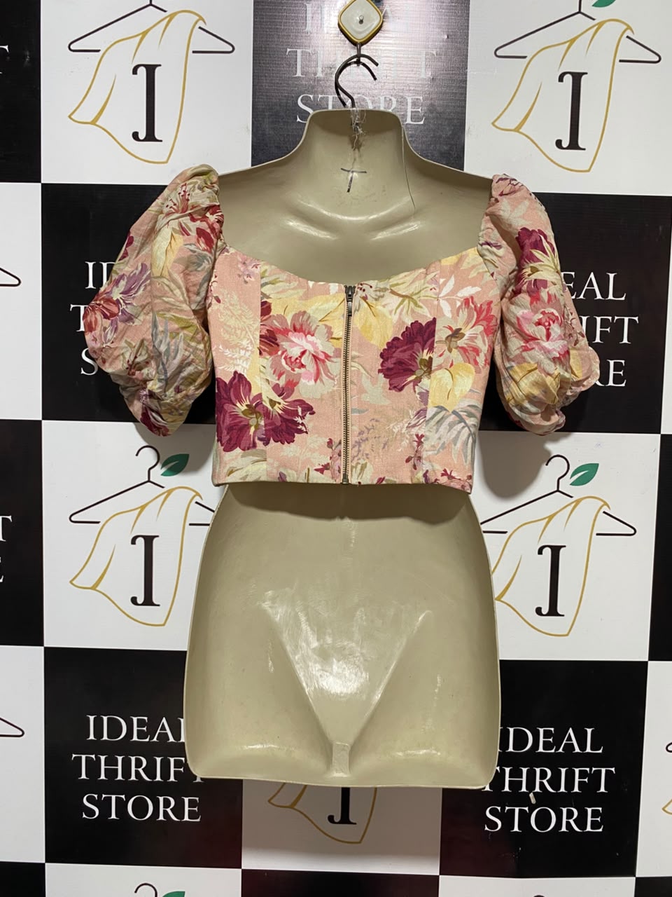 SHEIKE |S| BUST 16| B33| CHIC PINK FLORAL PUFF SLEEVE CROP TOP WITH CROSSED SWEETHEART NECKLINE