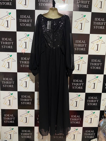 GIFFNISETI |XL| BUST 22| B33| GLAMOROUS BLACK SEQUIN FRONT MAXI DRESS WITH BALLOON CHIFFON SLEEVES