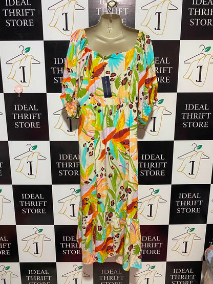 PQ COLLECTION |L| BUST 20| B33| VIBRANT MULTICOLOR TROPICAL FLORAL MAXI DRESS WITH PUFF SLEEVES