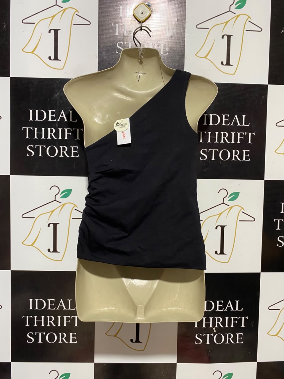 LILY LOVES |S| BUST 14| B33| CHIC JET BLACK ONE-SHOULDER SLEEVELESS TANK TOP WITH SIDE RUCHING