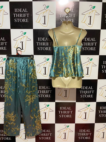 |S| B33| LUXURIOUS SEA GREEN SILK SATIN CAMI TOP AND FLORAL TROUSER TWO-PIECE LOUNGEWEAR SET