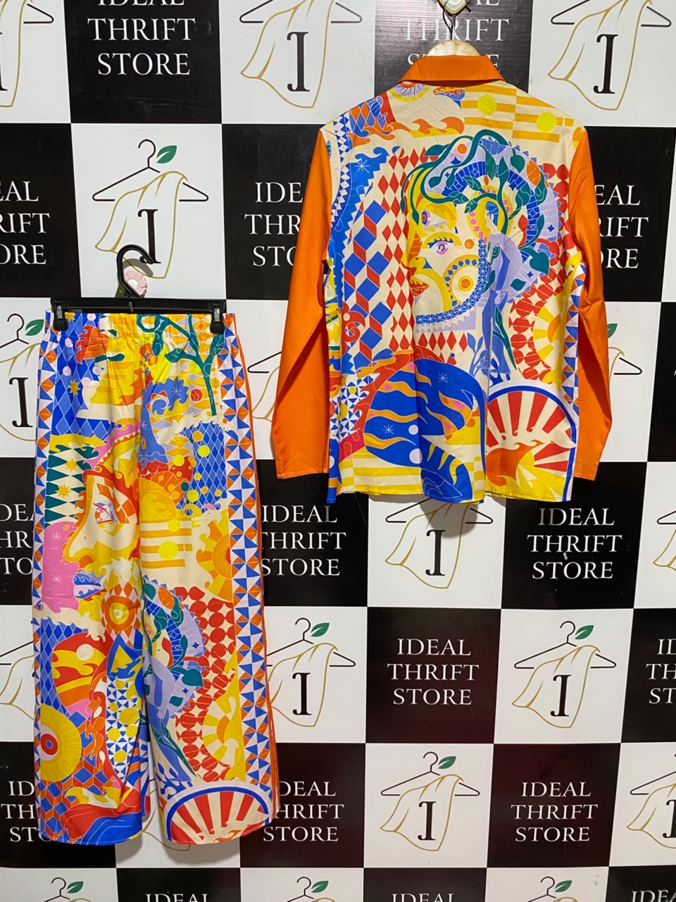|M| B33| VIBRANT MULTICOLOR ABSTRACT GEOMETRIC PRINT LONG SLEEVE SHIRT AND TROUSER TWO-PIECE CO-ORD SET