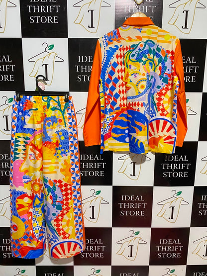 |M| B33| VIBRANT MULTICOLOR ABSTRACT GEOMETRIC PRINT LONG SLEEVE SHIRT AND TROUSER TWO-PIECE CO-ORD SET