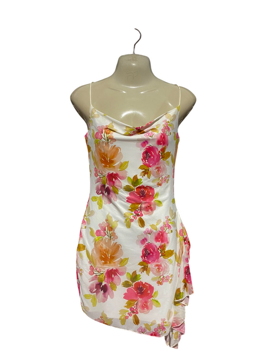 THATS SOFETCH |S| BUST 16| B33|  WOMEN'S FLORAL SATIN COWL NECK SLIP MINI DRESS