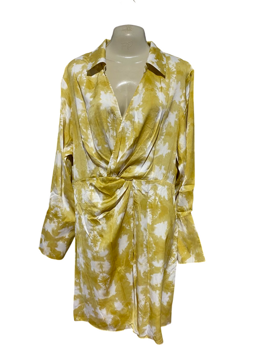 H&M |M| BUST 19| B33| WOMEN'S LONG SLEEVE TWIST FRONT TIE-DYE SHIRT DRESS – MUSTARD YELLOW & WHITE