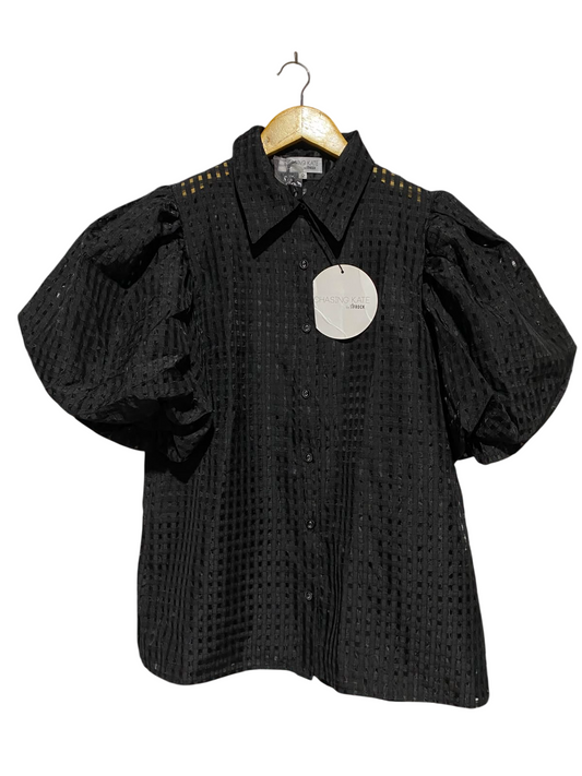 ST FROCK |M| BUST 20| B33| WOMEN'S STATEMENT PUFF SLEEVE CHECKED EYELET SHIRT – SOLID BLACK